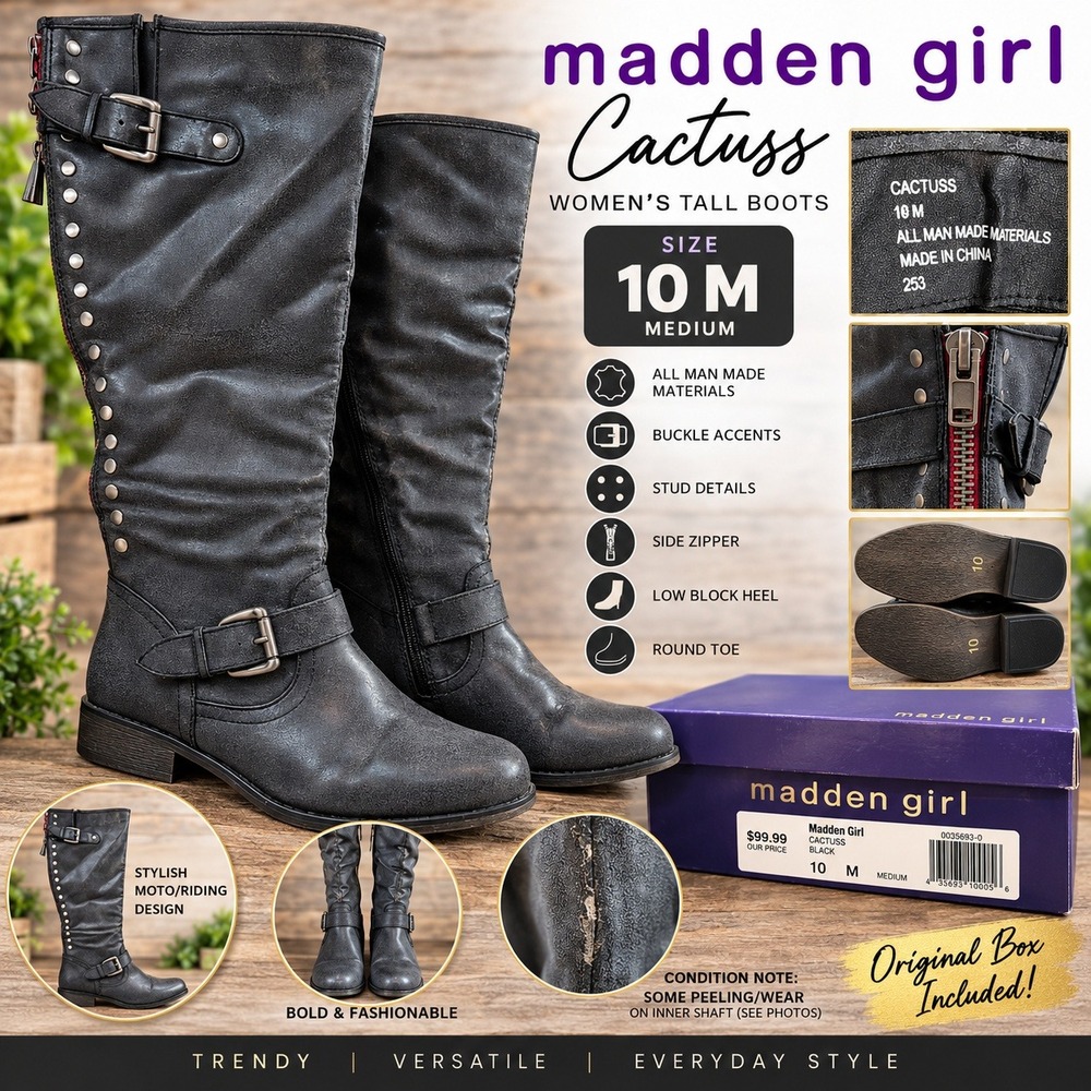 Madden Girl Cactuss Black Tall Moto Riding Boots Studded Buckle Size 10 M
